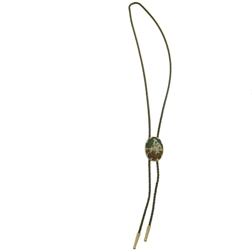 Vintage Bolo Tie Mens Brown Green Cowboy Horseback Enamel 1987 Western